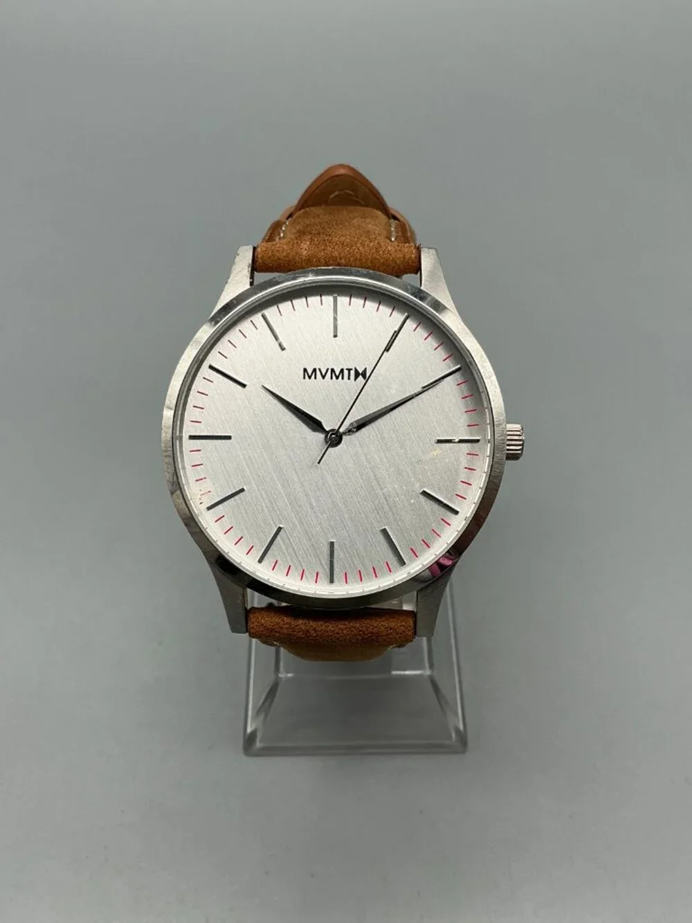 MVMT 40 Series Mens Watch 40mm Silver Tone Brown Leather Band New Battery